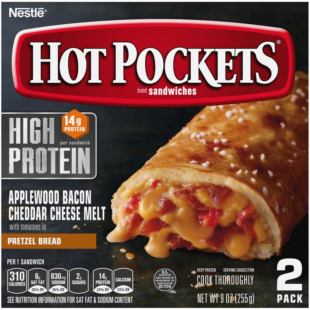 slide 2 of 14, Hot Pockets Frozen Snacks High Protein Bacon Cheddar Melt Pretzel Bread Crust Frozen Sandwiches, 9 oz