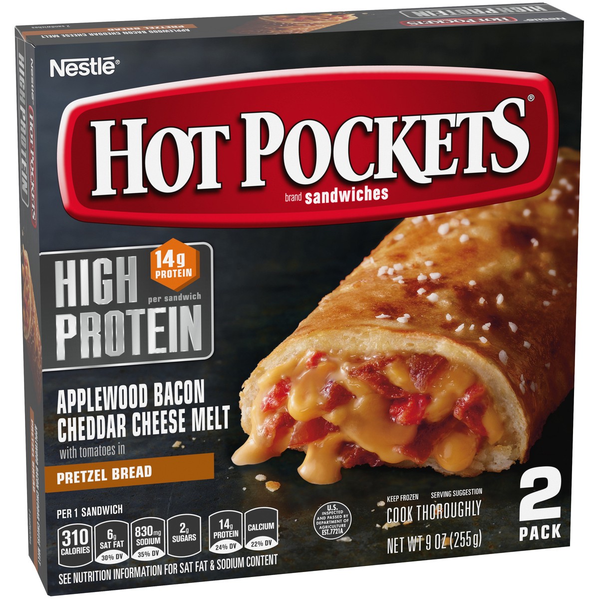 slide 5 of 14, Hot Pockets Frozen Snacks High Protein Bacon Cheddar Melt Pretzel Bread Crust Frozen Sandwiches, 9 oz