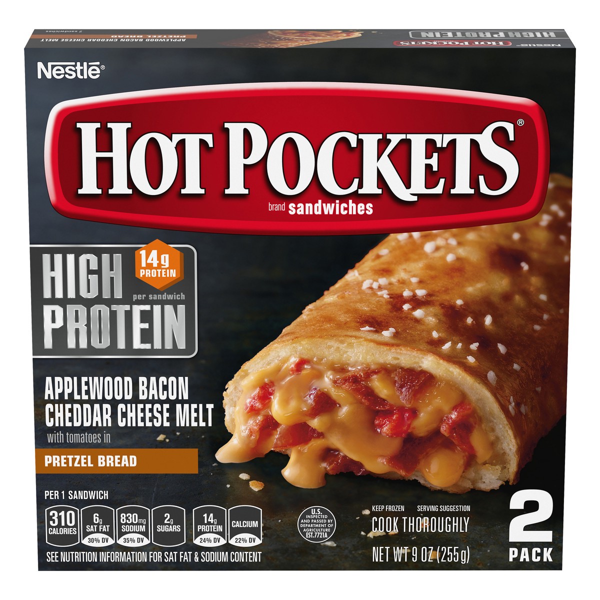 slide 9 of 14, Hot Pockets Frozen Snacks High Protein Bacon Cheddar Melt Pretzel Bread Crust Frozen Sandwiches, 9 oz