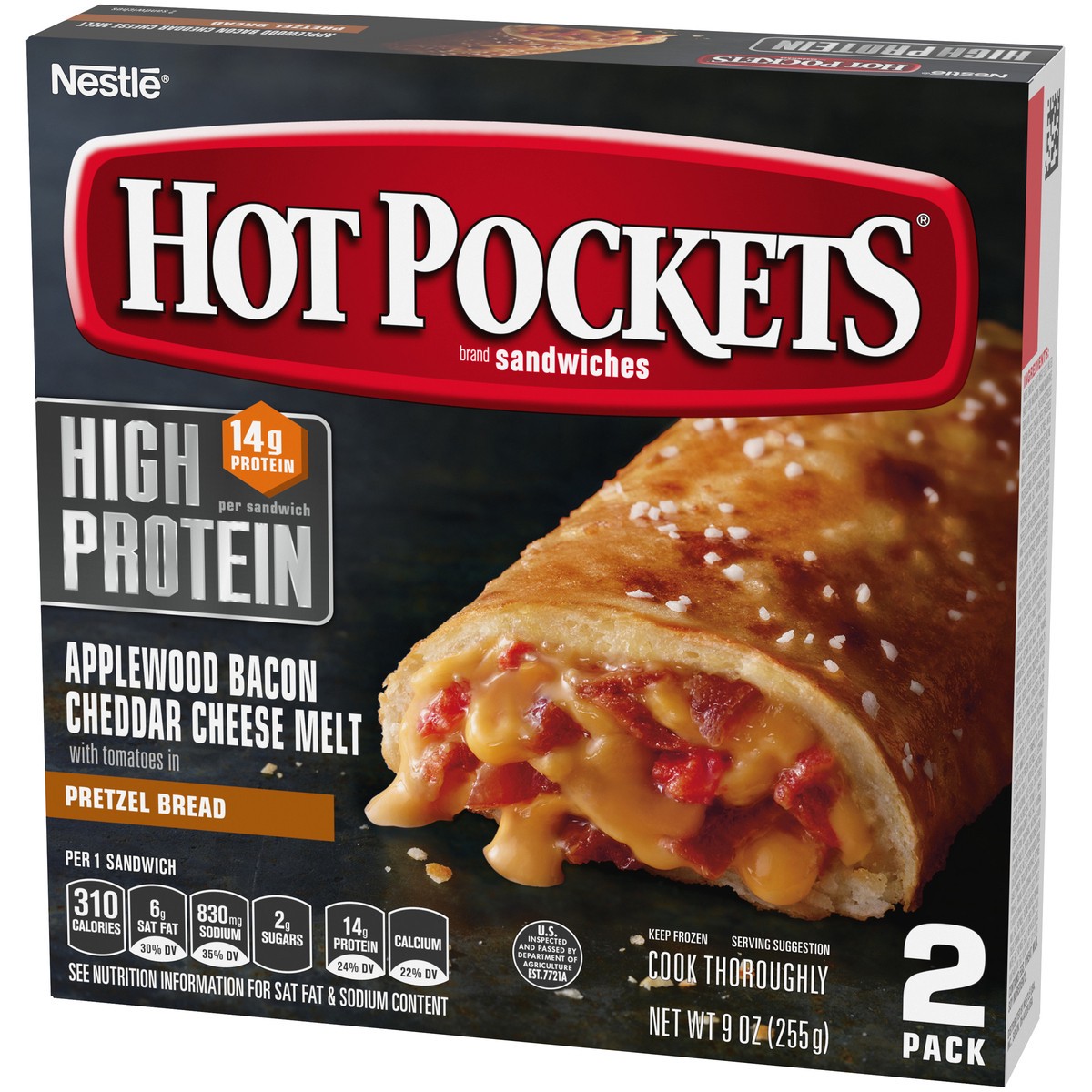 slide 10 of 14, Hot Pockets Frozen Snacks High Protein Bacon Cheddar Melt Pretzel Bread Crust Frozen Sandwiches, 9 oz