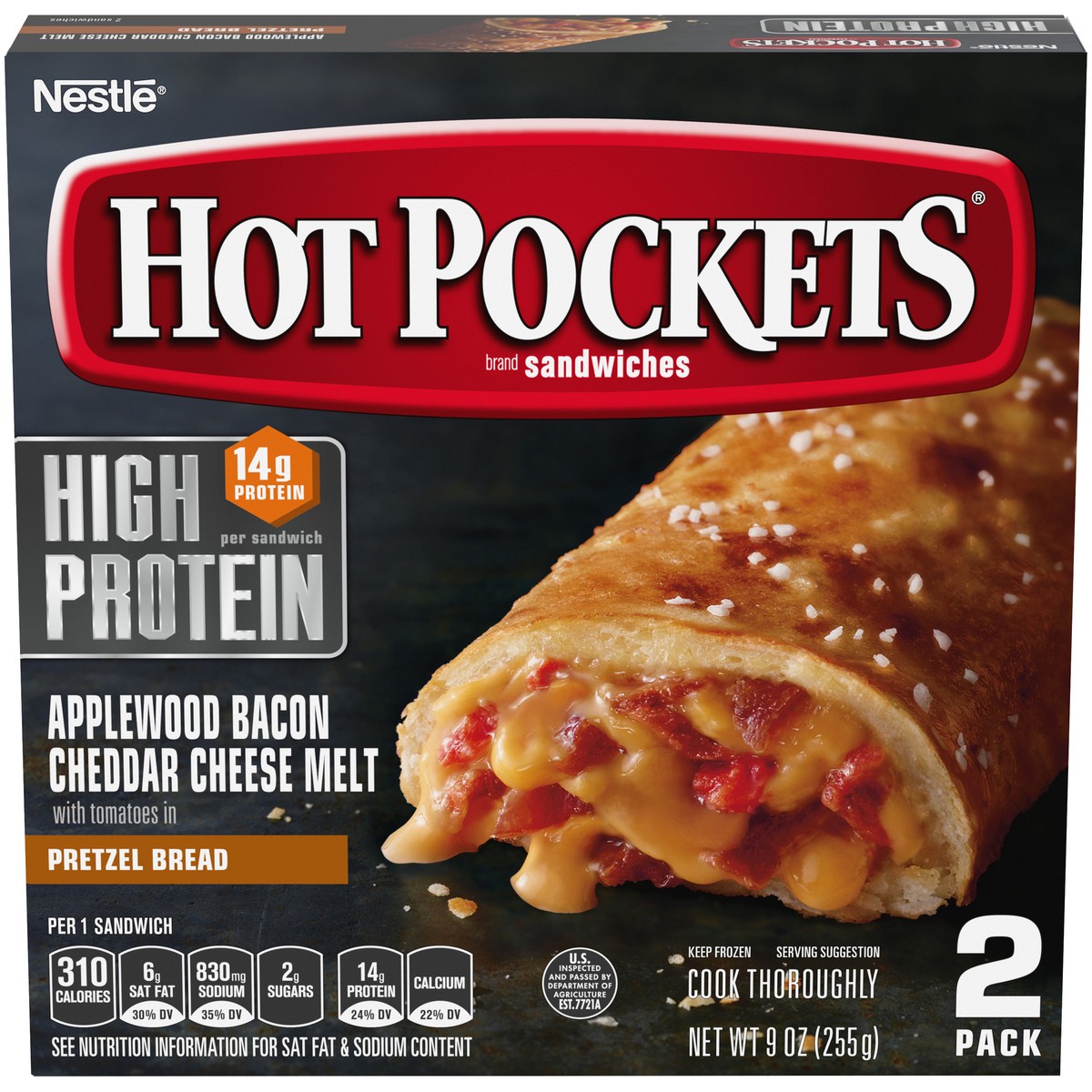 slide 1 of 14, Hot Pockets Frozen Snacks High Protein Bacon Cheddar Melt Pretzel Bread Crust Frozen Sandwiches, 9 oz