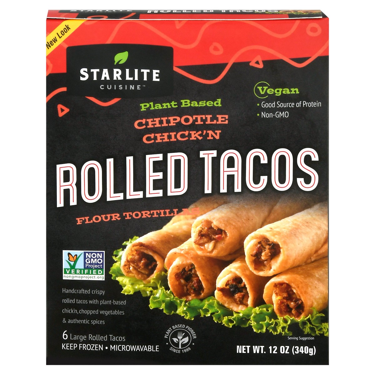 slide 1 of 1, Starlite Cuisine Vegan Soy Crispy Rolled Tacos Meatless Chipotle Chicken Style, 12 oz