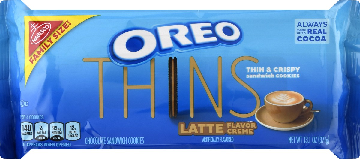 slide 1 of 9, Oreo Thins Family Size Latte Flavor Creme Chocolate Sandwich Cookies 13.1 oz Bag, 13.1 oz