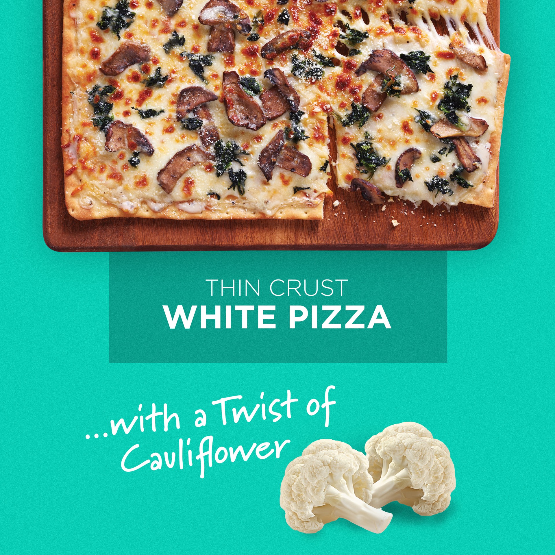 slide 2 of 5, O, That's Good! White Frozen Pizza with Cauliflower Thin Curst, Garlic Alfredo Sauce, Mushrooms, Spinach & Parmesan, 14.7 oz