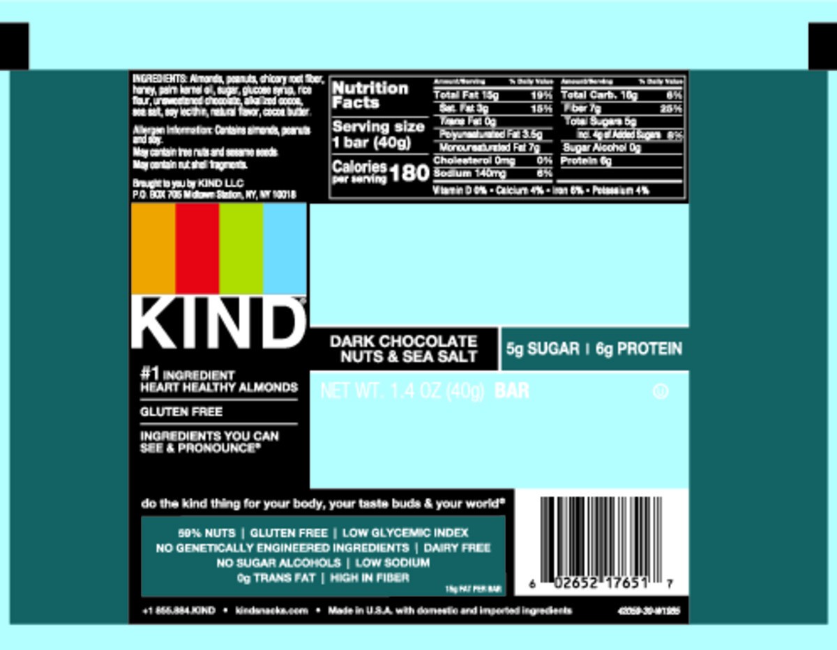 slide 5 of 8, KIND Healthy Snack Bar, Dark Chocolate Nuts & Sea Salt, 5g Sugar | 6g Protein, Gluten Free Bars, 1.4 OZ, 1 Count, 1.4 oz