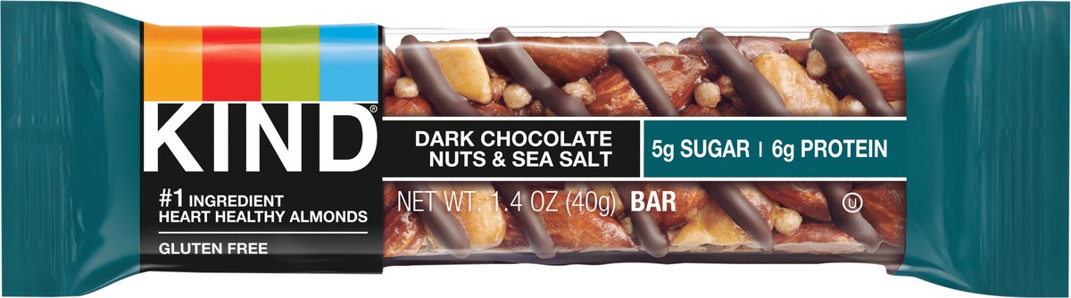 slide 7 of 8, KIND Healthy Snack Bar, Dark Chocolate Nuts & Sea Salt, 5g Sugar | 6g Protein, Gluten Free Bars, 1.4 OZ, 1 Count, 1.4 oz