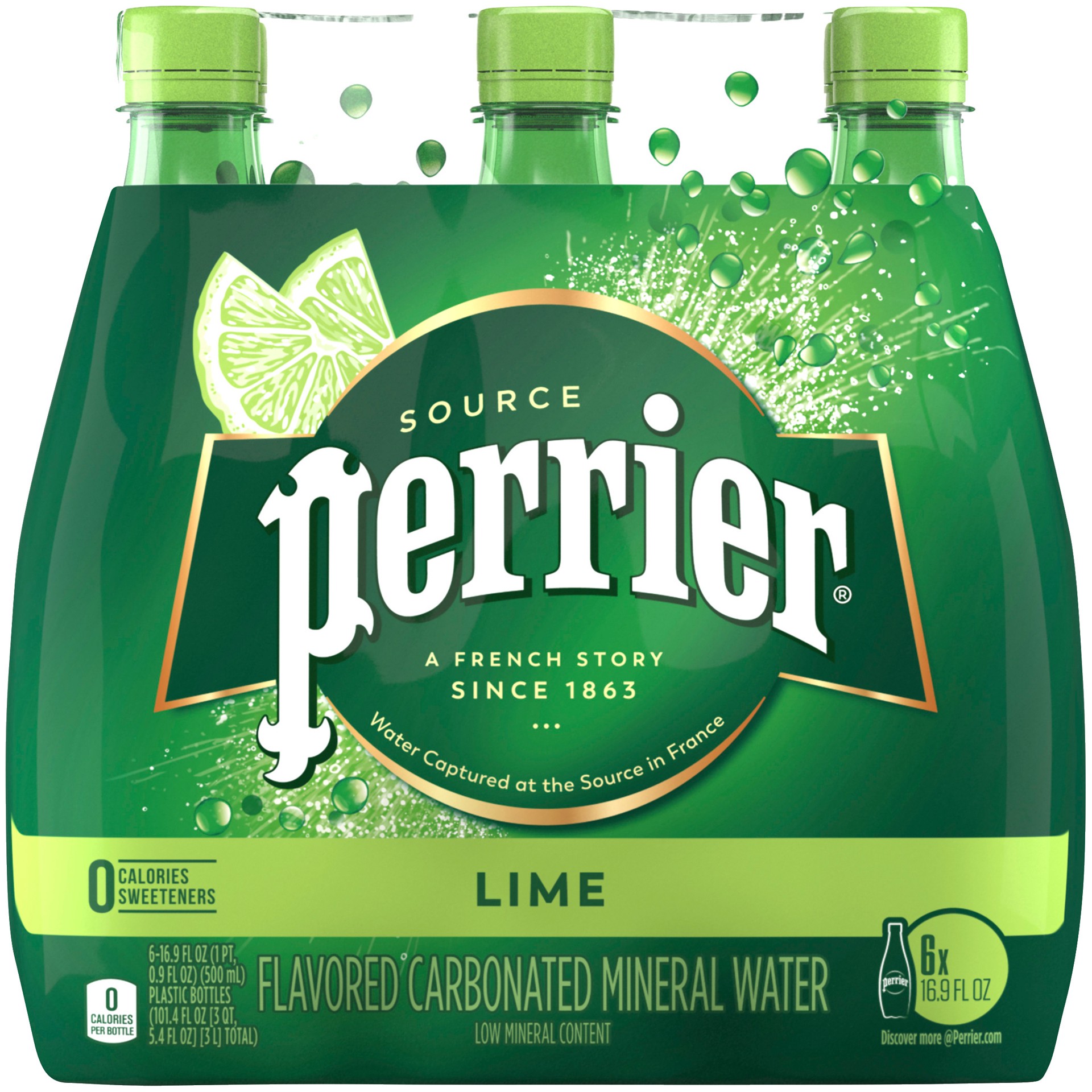 slide 1 of 4, Perrier Lime Flavored Sparkling Water, 16.9 FL OZ Plastic Water Bottle (6 Count), 101.4 oz