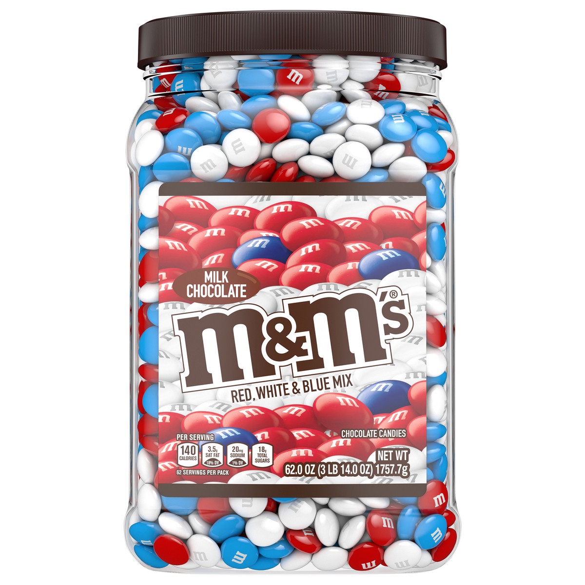 slide 1 of 8, M&M'S Milk Chocolate Red, White, & Blue America Mix Bulk Candy Jar, 62oz, 62 oz