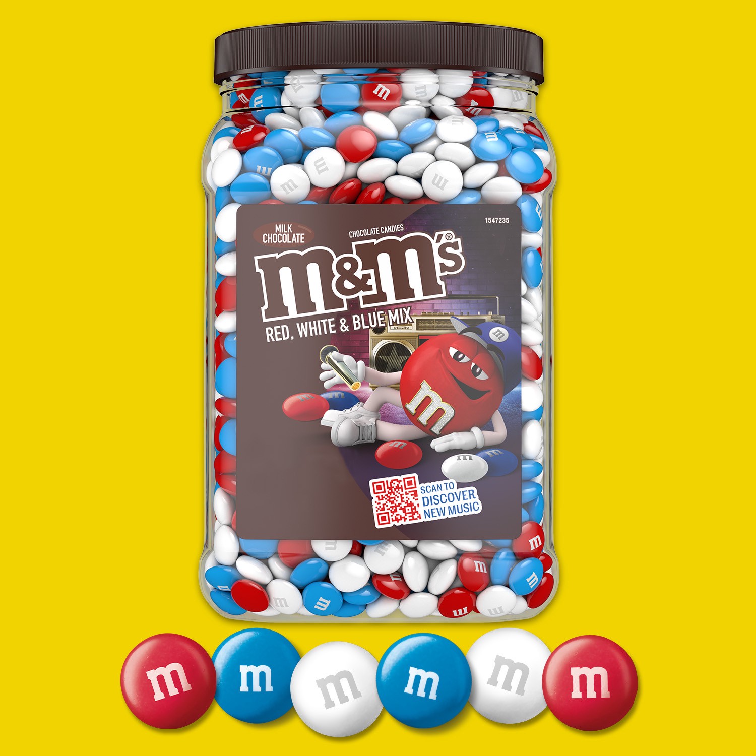 slide 6 of 8, M&M'S Milk Chocolate Red, White, & Blue America Mix Bulk Candy Jar, 62oz, 62 oz