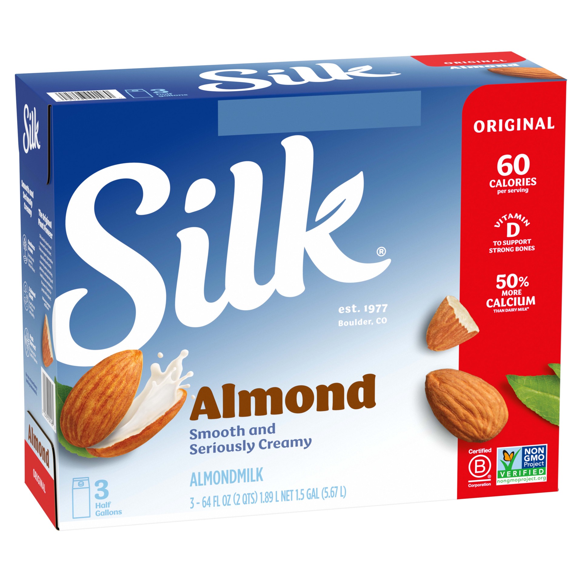slide 5 of 5, Silk Almond Milk, Original, Dairy-Free, Vegan, Non-GMO Project Verified, Half Gallon, 3 Pack, 64 fl oz