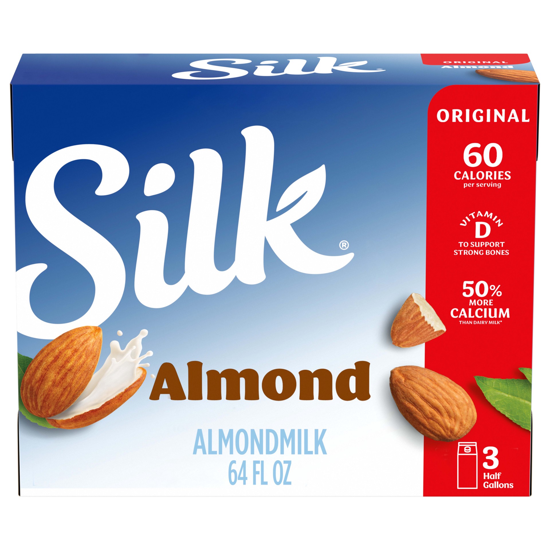 slide 1 of 5, Silk Almond Milk, Original, Dairy-Free, Vegan, Non-GMO Project Verified, Half Gallon, 3 Pack, 64 fl oz