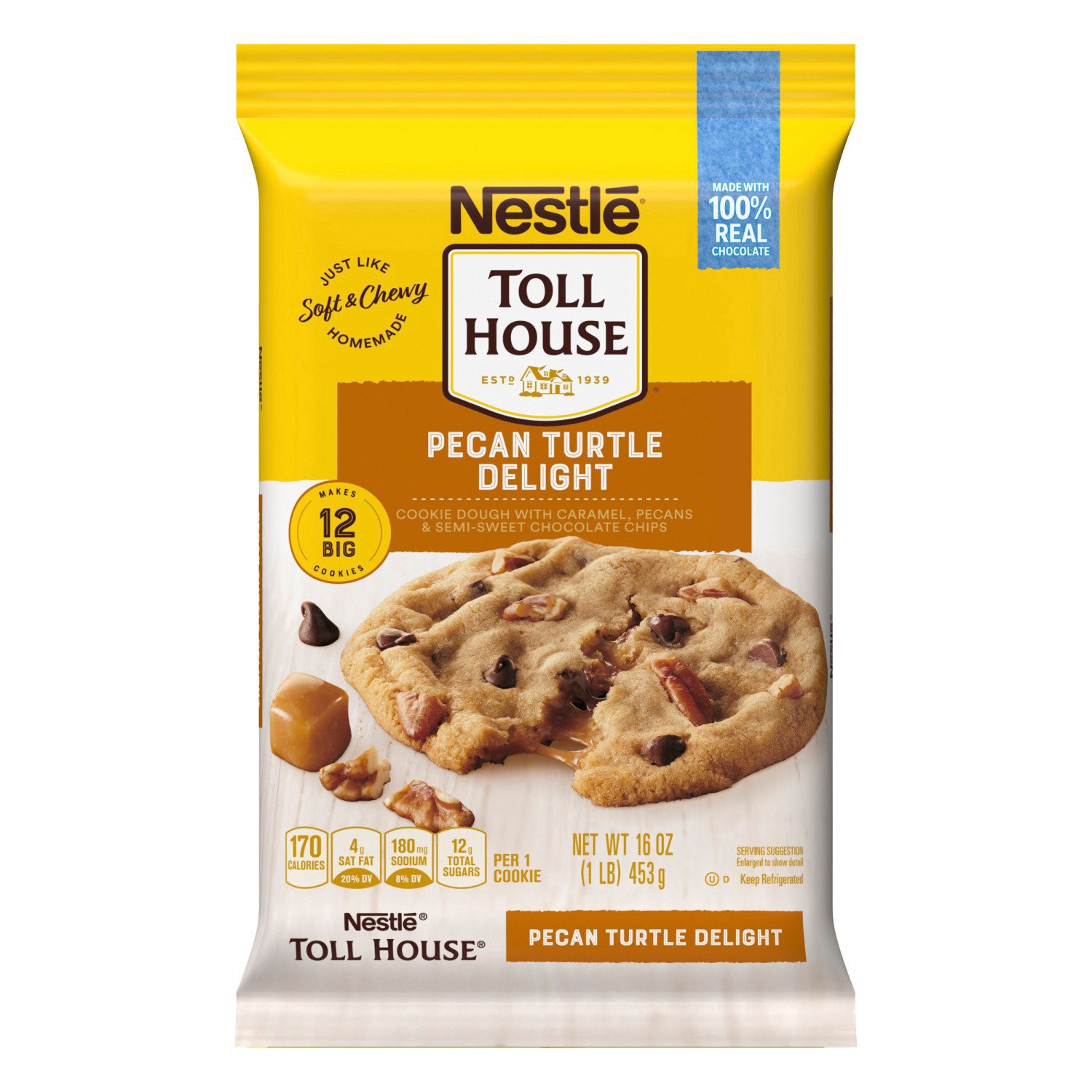 slide 1 of 3, Toll House Pecan Turtle Delight Cookie Dough 16 oz., 16 oz