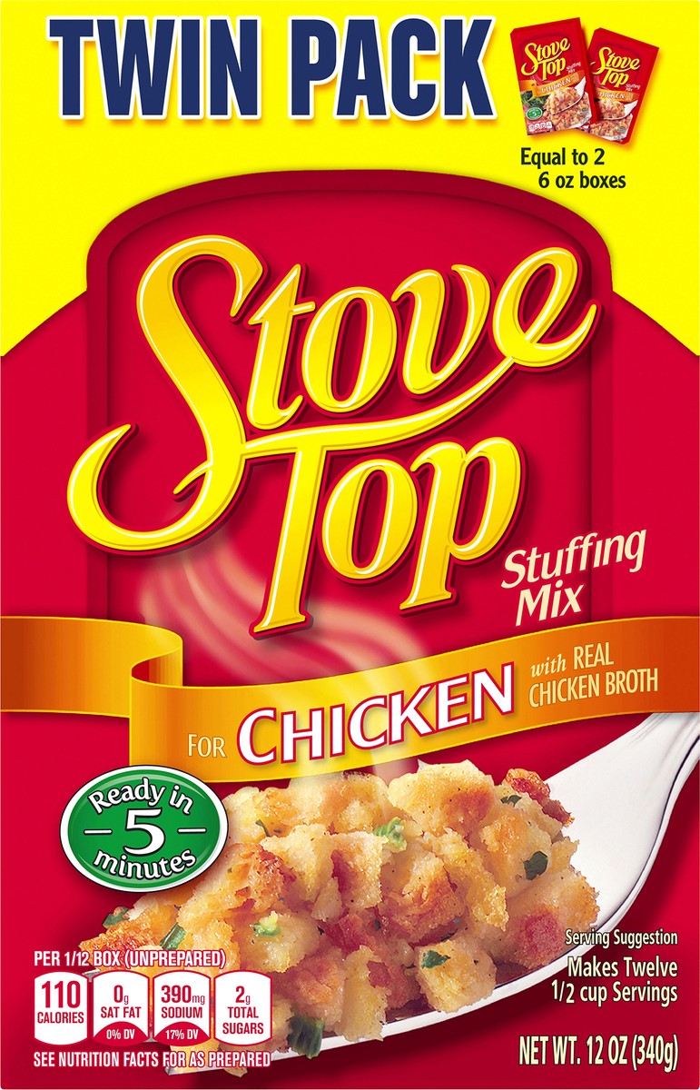slide 1 of 9, Stove Top Stuffing Mix for Chicken Twin Pack, 2 ct Pack, 6 oz Boxes, 340 g