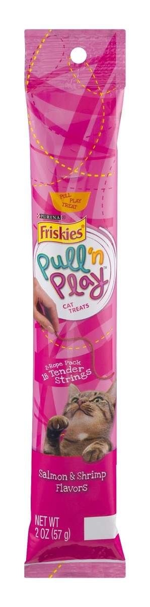 slide 1 of 1, Purina Friskies Pull 'n Play Tender Strings - Salmon & Shrimp Flavors Cat Treats 2 ct Pouch, 2 oz