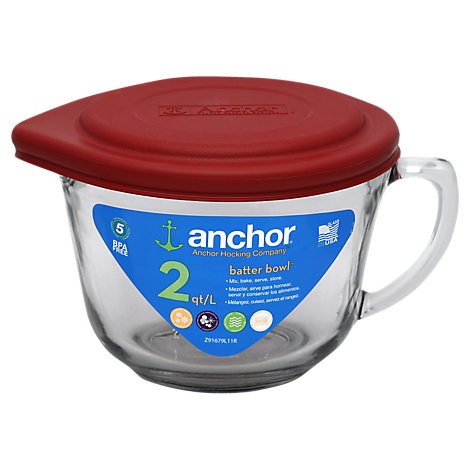 slide 1 of 1, Anchor Batter Bowl With Red Plastic Lid, 2 qt