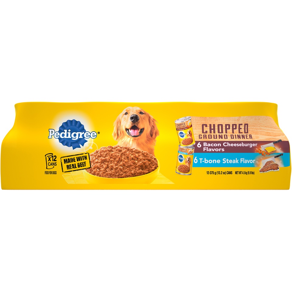 slide 1 of 1, Pedigree Chopped Ground Wet Dog Food, T-bone Bacon Cheeseburger Flavors, 12 ct