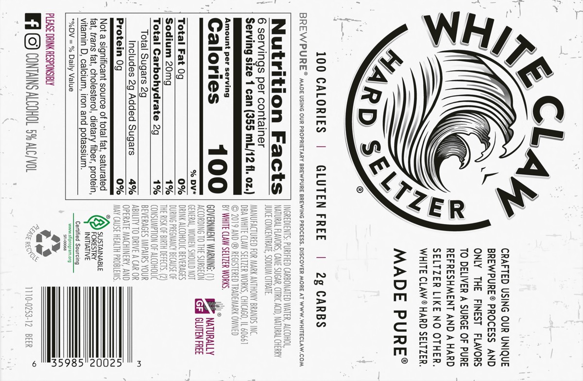 slide 3 of 6, White Claw 6 Pack Spiked Black Cherry Hard Seltzer 6 ea, 6 ct; 12 fl oz