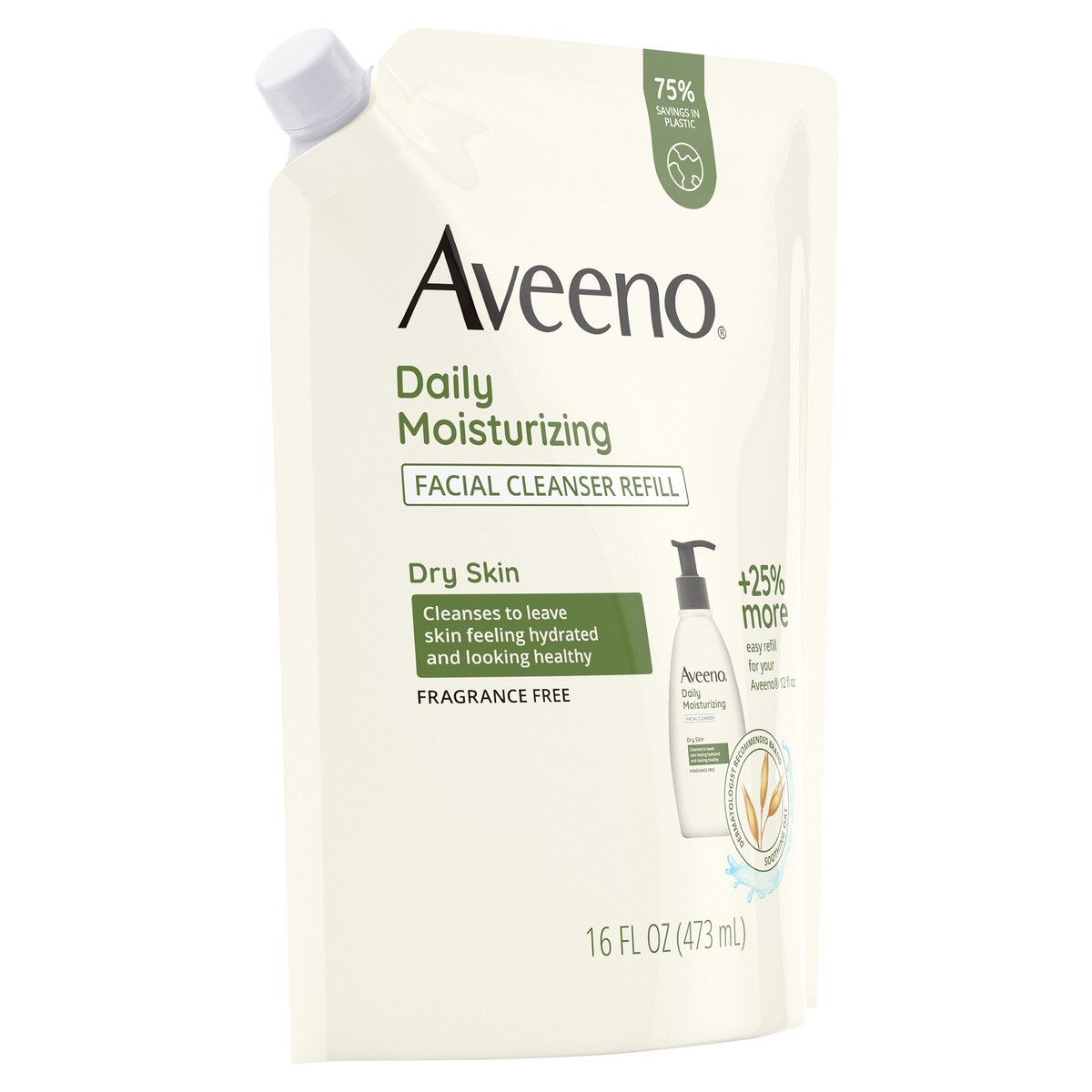 slide 5 of 7, Aveeno Daily Moisturizing Facial Cleanser with Soothing Non-GMO Oat, Leaves Skin Feeling Hydrated, Soft & Supple, Paraben-, Sulfate-, Fragrance-, Dye- & Soap-Free, Refill Pouch, 16 fl. oz, 16 fl oz