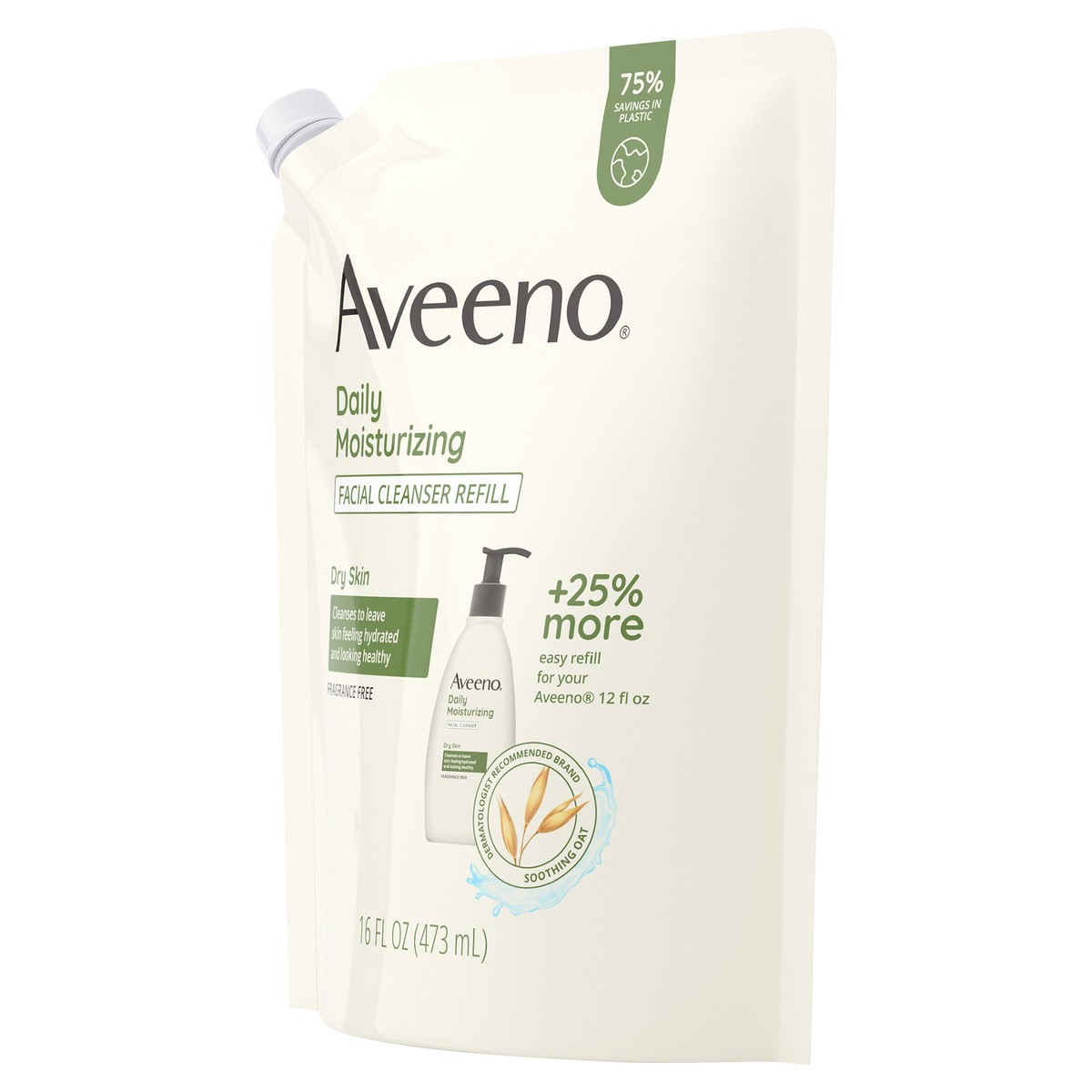 slide 6 of 7, Aveeno Daily Moisturizing Facial Cleanser with Soothing Non-GMO Oat, Leaves Skin Feeling Hydrated, Soft & Supple, Paraben-, Sulfate-, Fragrance-, Dye- & Soap-Free, Refill Pouch, 16 fl. oz, 16 fl oz