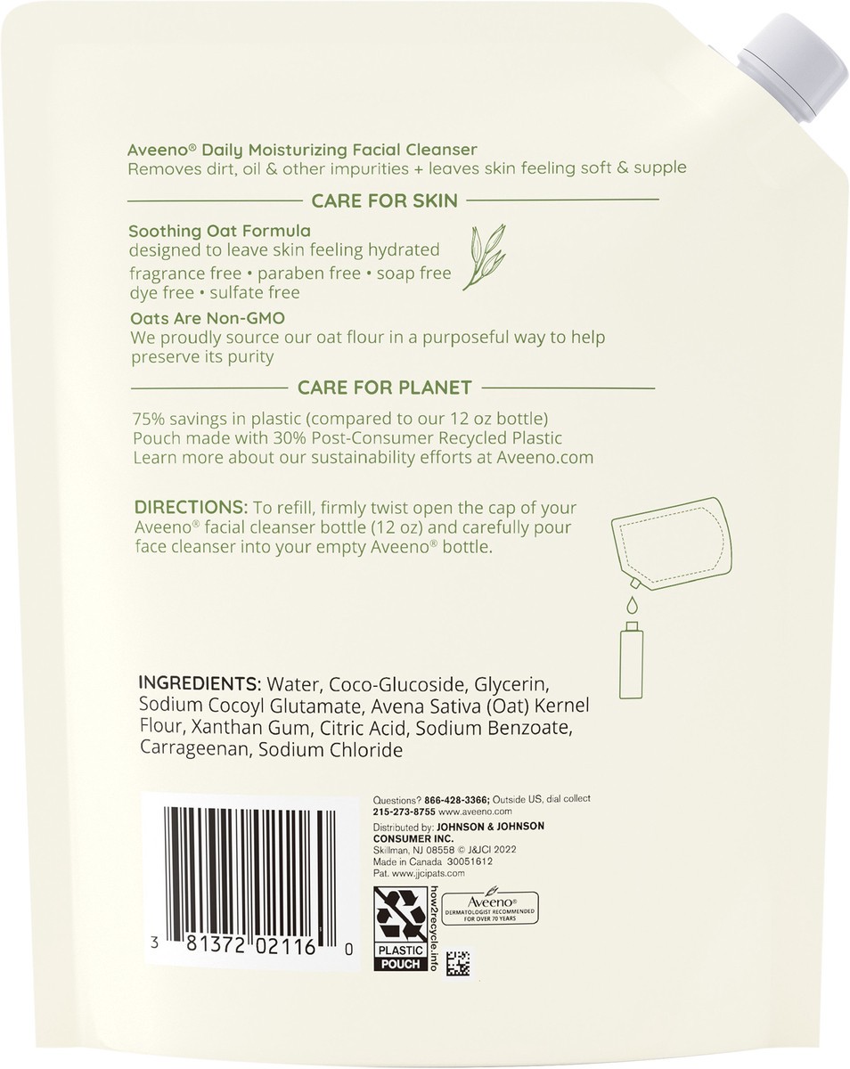 slide 2 of 7, Aveeno Daily Moisturizing Facial Cleanser with Soothing Non-GMO Oat, Leaves Skin Feeling Hydrated, Soft & Supple, Paraben-, Sulfate-, Fragrance-, Dye- & Soap-Free, Refill Pouch, 16 fl. oz, 16 fl oz