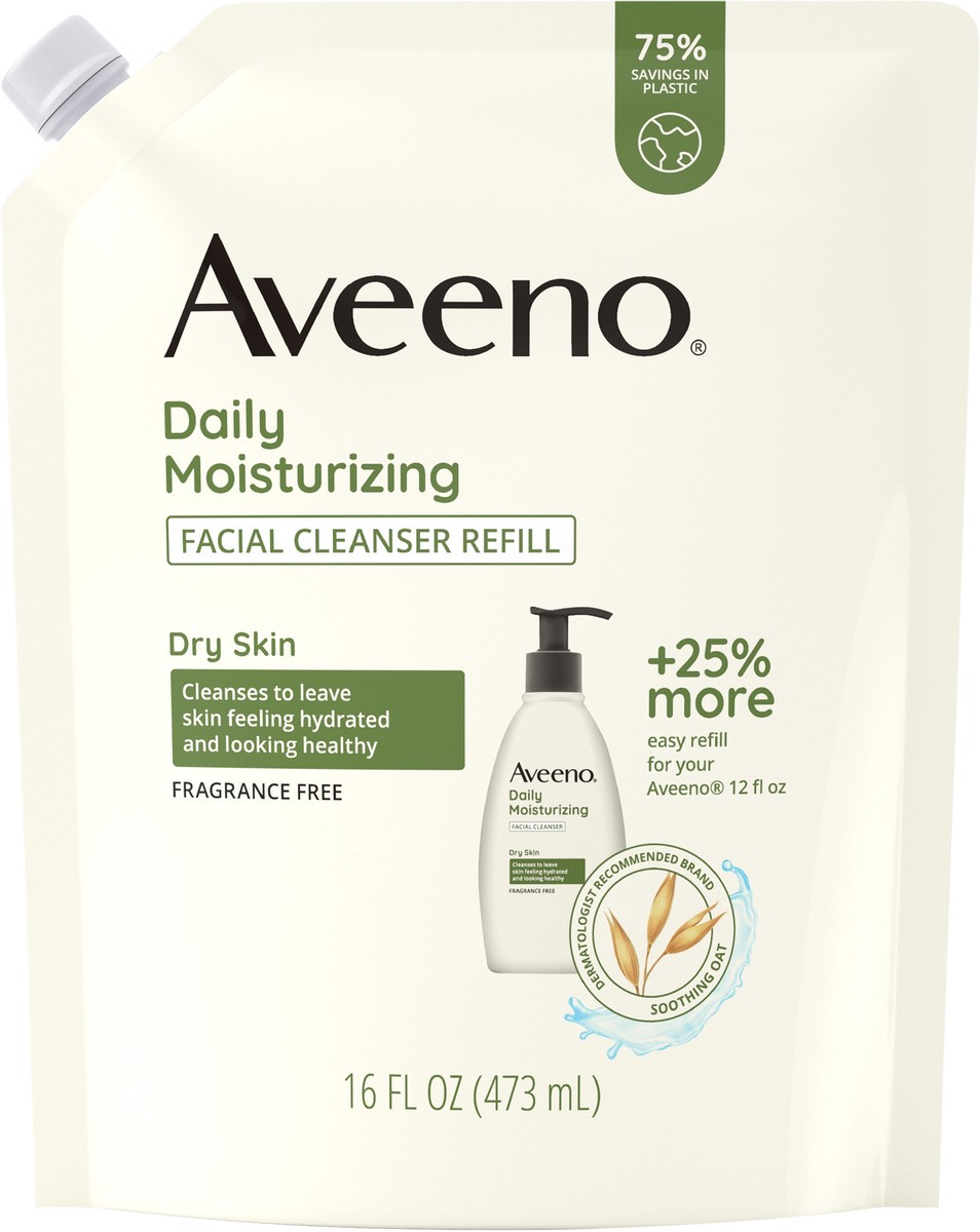 slide 3 of 7, Aveeno Daily Moisturizing Facial Cleanser with Soothing Non-GMO Oat, Leaves Skin Feeling Hydrated, Soft & Supple, Paraben-, Sulfate-, Fragrance-, Dye- & Soap-Free, Refill Pouch, 16 fl. oz, 16 fl oz