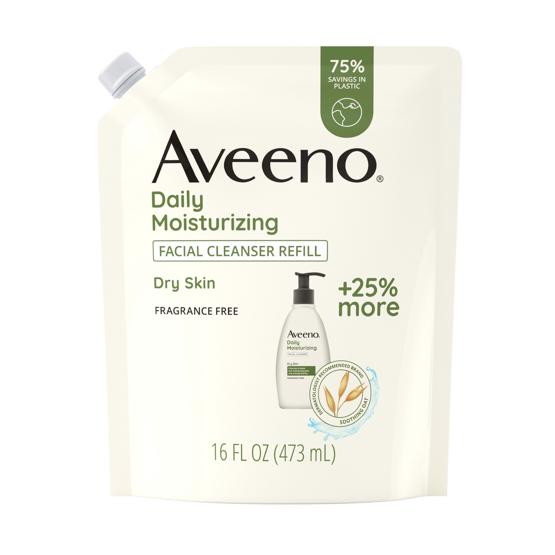 slide 1 of 7, Aveeno Daily Moisturizing Facial Cleanser with Soothing Non-GMO Oat, Leaves Skin Feeling Hydrated, Soft & Supple, Paraben-, Sulfate-, Fragrance-, Dye- & Soap-Free, Refill Pouch, 16 fl. oz, 16 fl oz