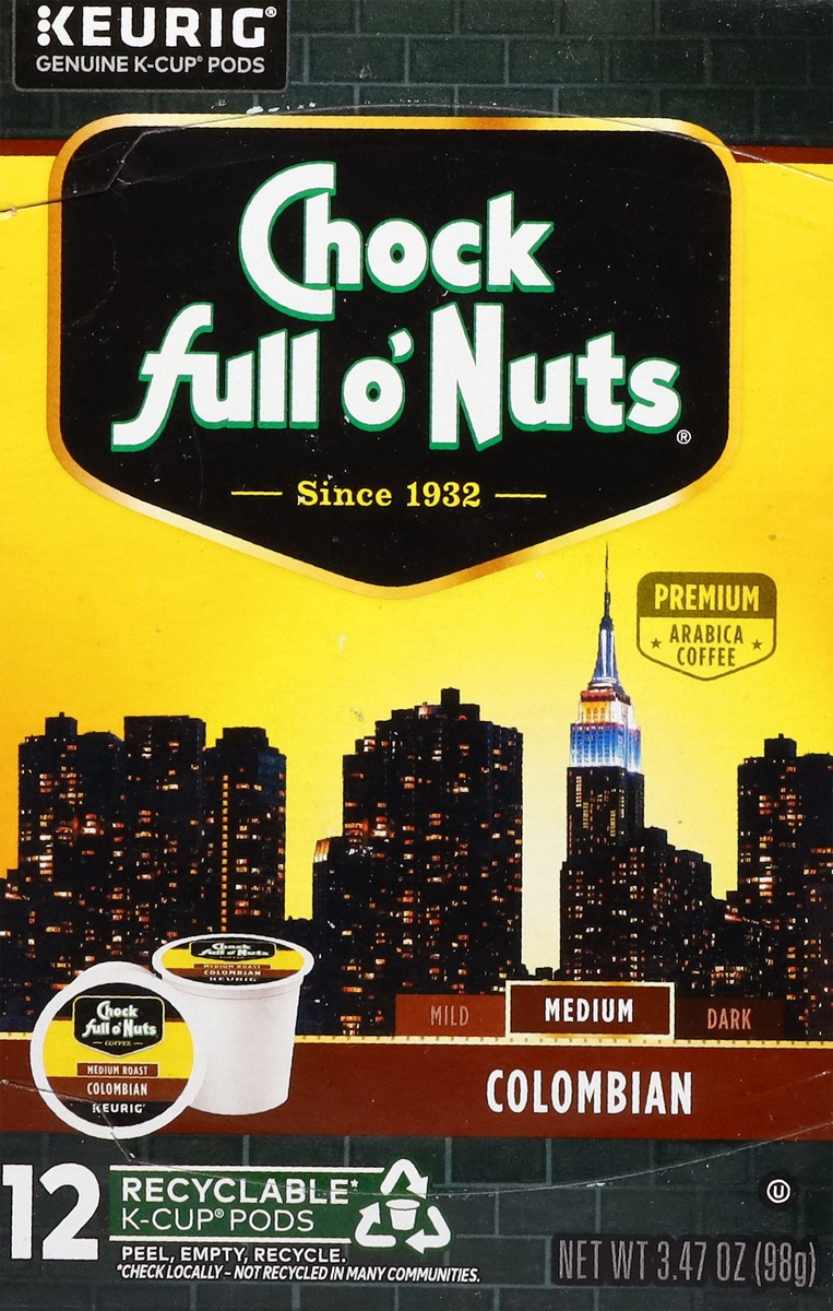 slide 5 of 14, Chock Full O' Nuts Chock full o’Nuts Colombian Coffee, Single Serve Keurig K-Cup Pods, Medium Roast Coffee, 12-Count Box, 12 ct