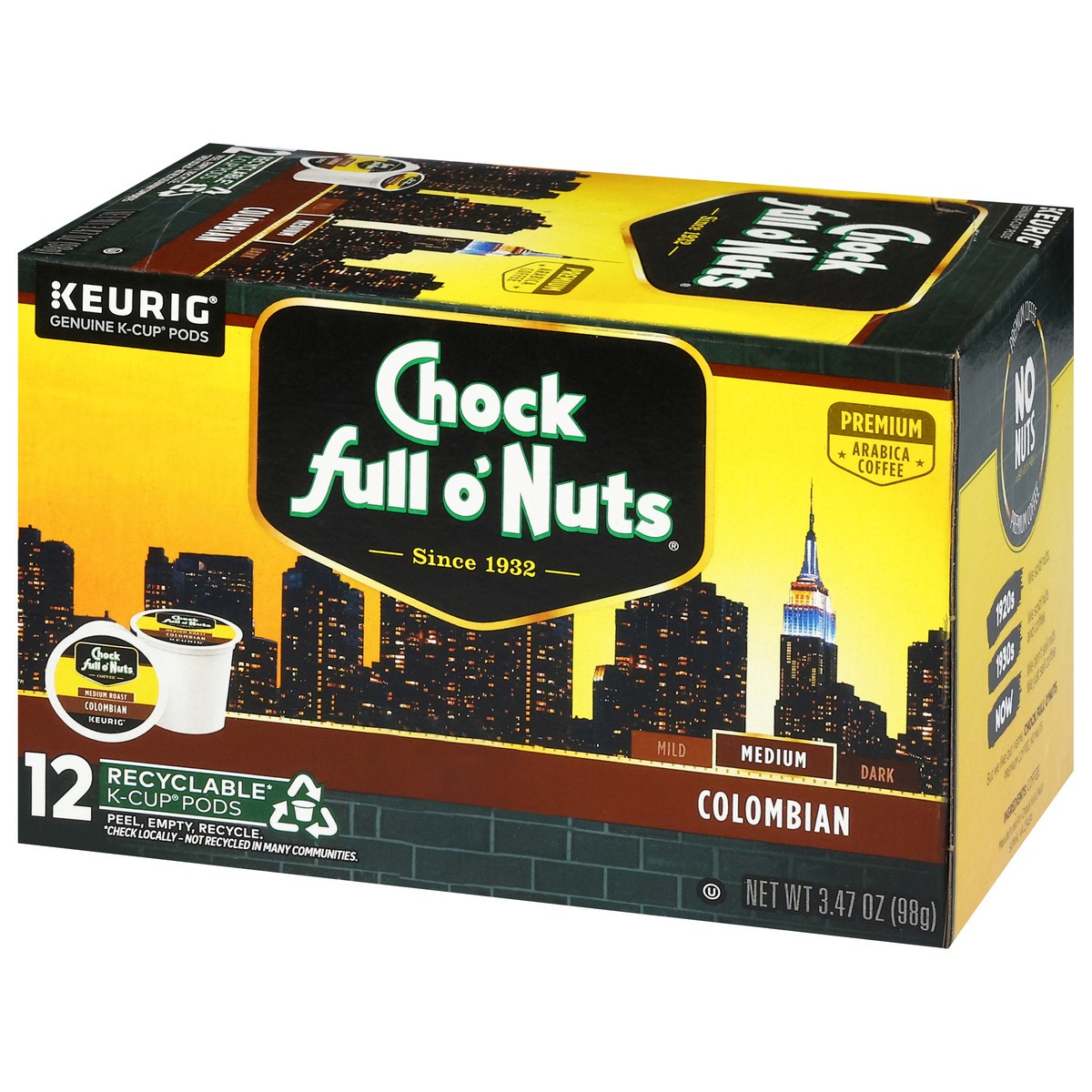 slide 14 of 14, Chock Full O' Nuts Chock full o’Nuts Colombian Coffee, Single Serve Keurig K-Cup Pods, Medium Roast Coffee, 12-Count Box, 12 ct