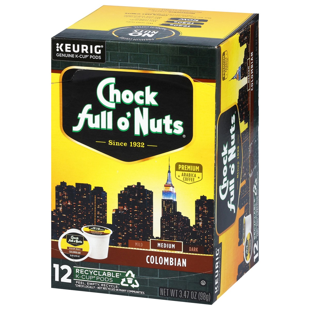 slide 6 of 14, Chock Full O' Nuts Chock full o’Nuts Colombian Coffee, Single Serve Keurig K-Cup Pods, Medium Roast Coffee, 12-Count Box, 12 ct
