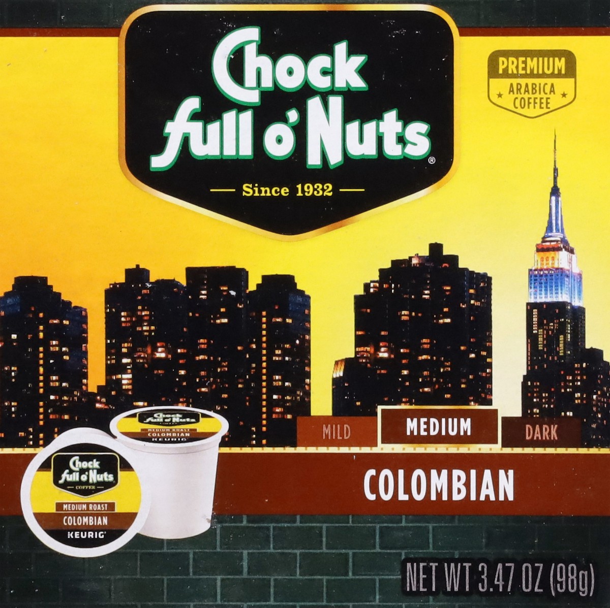 slide 9 of 14, Chock Full O' Nuts Chock full o’Nuts Colombian Coffee, Single Serve Keurig K-Cup Pods, Medium Roast Coffee, 12-Count Box, 12 ct