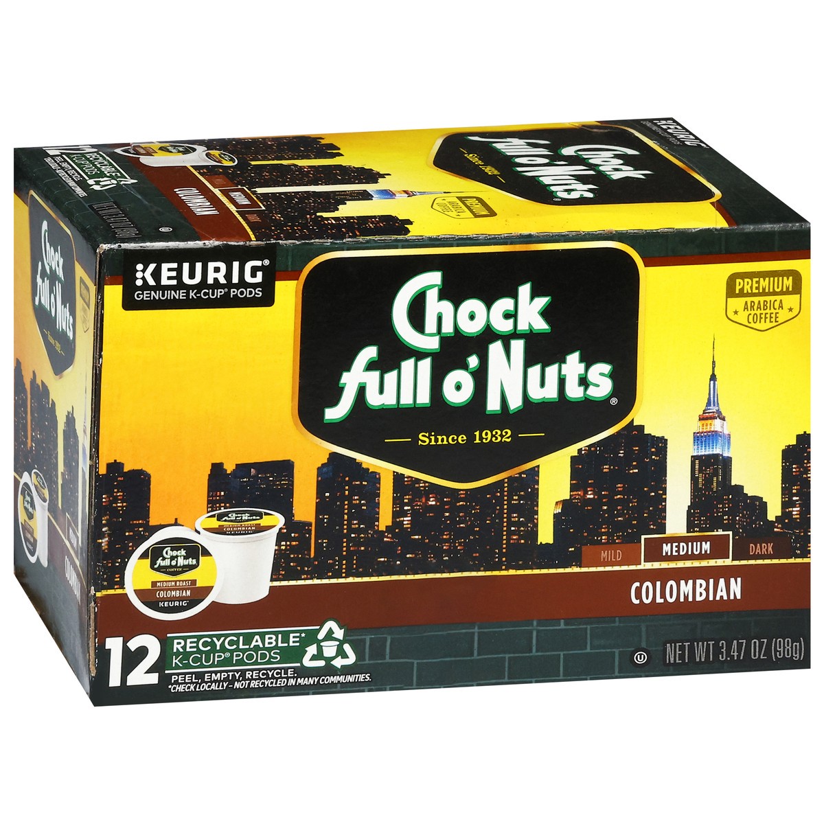 slide 13 of 14, Chock Full O' Nuts Chock full o’Nuts Colombian Coffee, Single Serve Keurig K-Cup Pods, Medium Roast Coffee, 12-Count Box, 12 ct