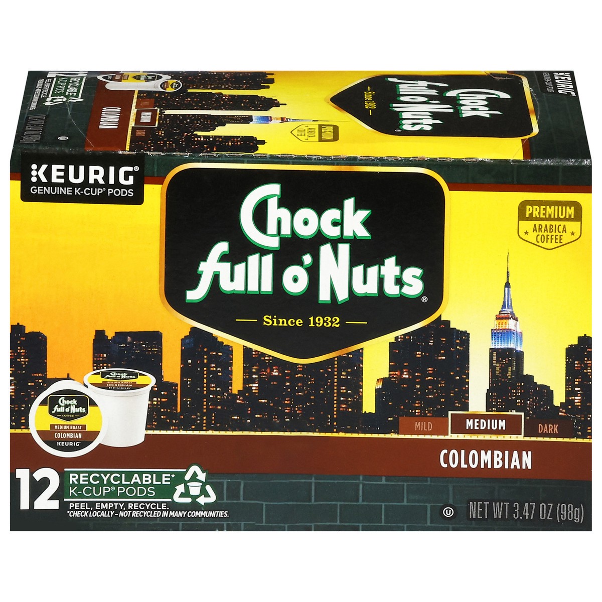 slide 10 of 14, Chock Full O' Nuts Chock full o’Nuts Colombian Coffee, Single Serve Keurig K-Cup Pods, Medium Roast Coffee, 12-Count Box, 12 ct