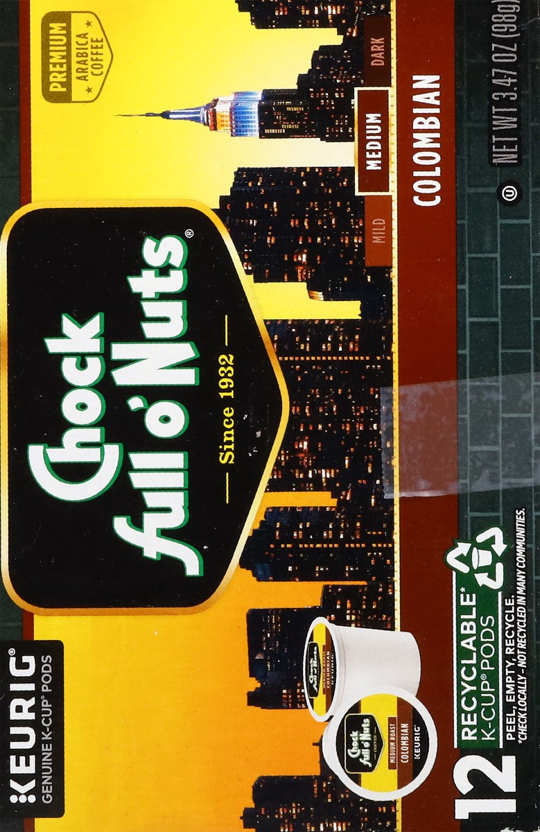 slide 2 of 14, Chock Full O' Nuts Chock full o’Nuts Colombian Coffee, Single Serve Keurig K-Cup Pods, Medium Roast Coffee, 12-Count Box, 12 ct