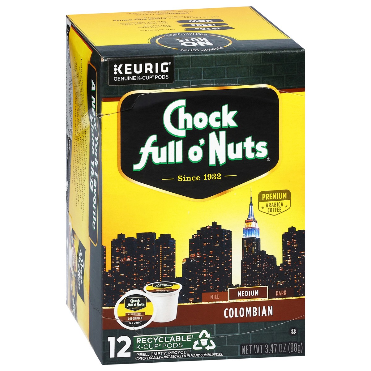 slide 3 of 14, Chock Full O' Nuts Chock full o’Nuts Colombian Coffee, Single Serve Keurig K-Cup Pods, Medium Roast Coffee, 12-Count Box, 12 ct