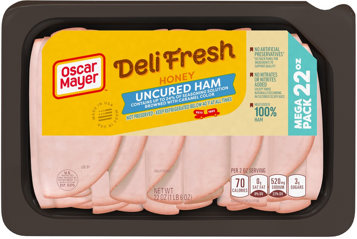 slide 7 of 9, Oscar Mayer Deli Fresh Honey Uncured Sliced Ham Deli Lunch Meat Mega Pack, 22 oz Package, 22 oz