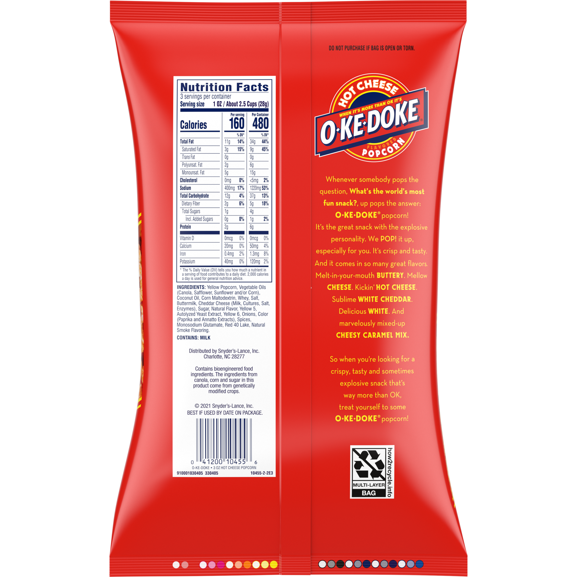 slide 4 of 5, O-Ke-Doke Popcorn, Hot Cheese Popcorn, 3 Oz Bag, 3 oz