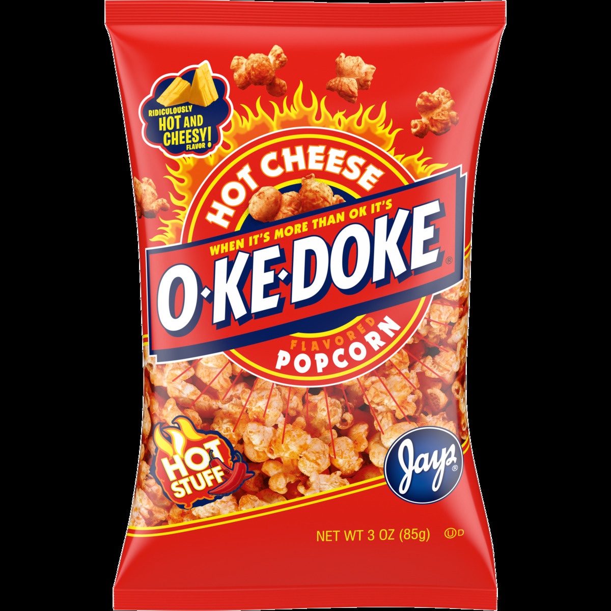 slide 1 of 1, O-Ke-Doke Hot Cheese Flavored Popcorn, 3 oz