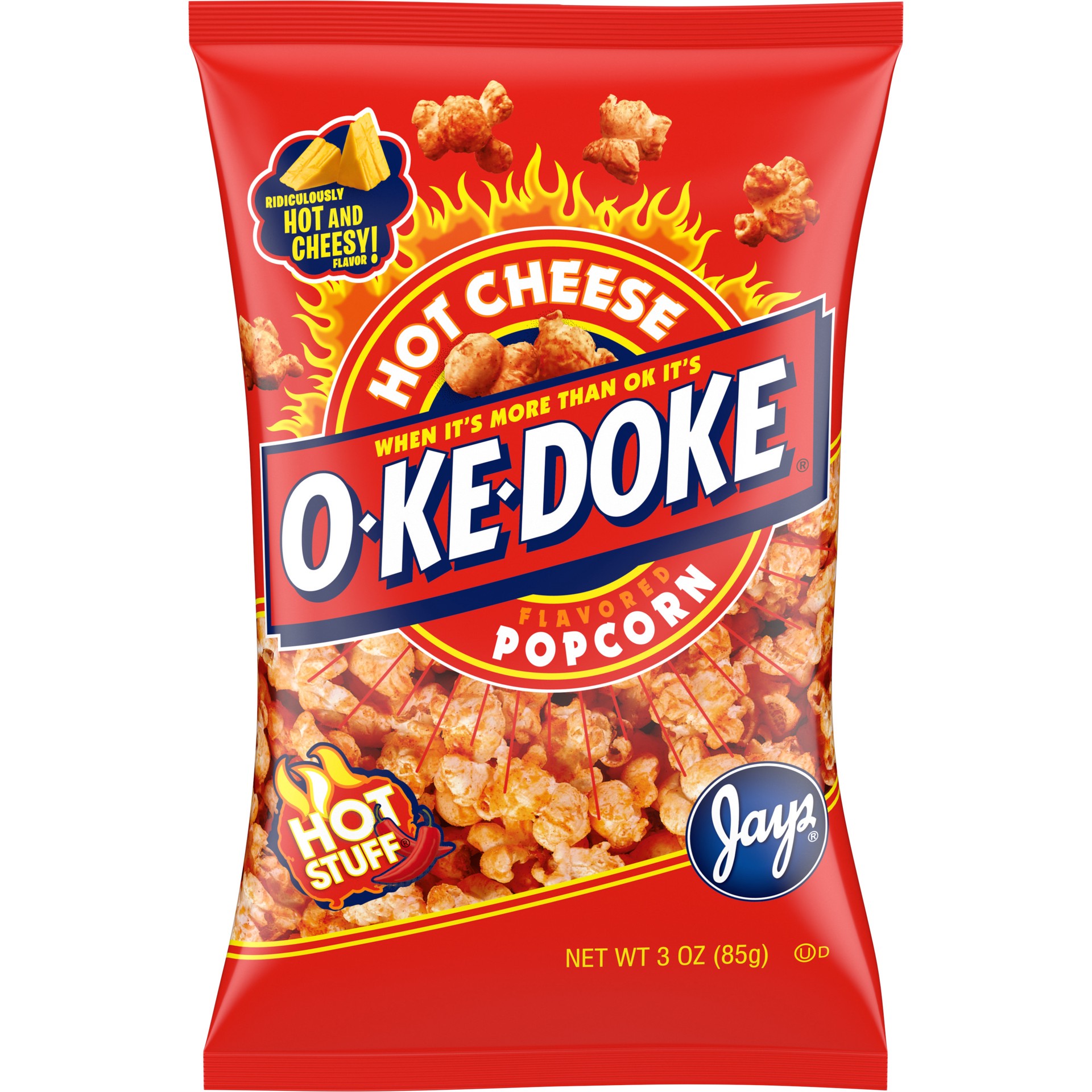 slide 1 of 5, O-Ke-Doke Popcorn, Hot Cheese Popcorn, 3 Oz Bag, 3 oz