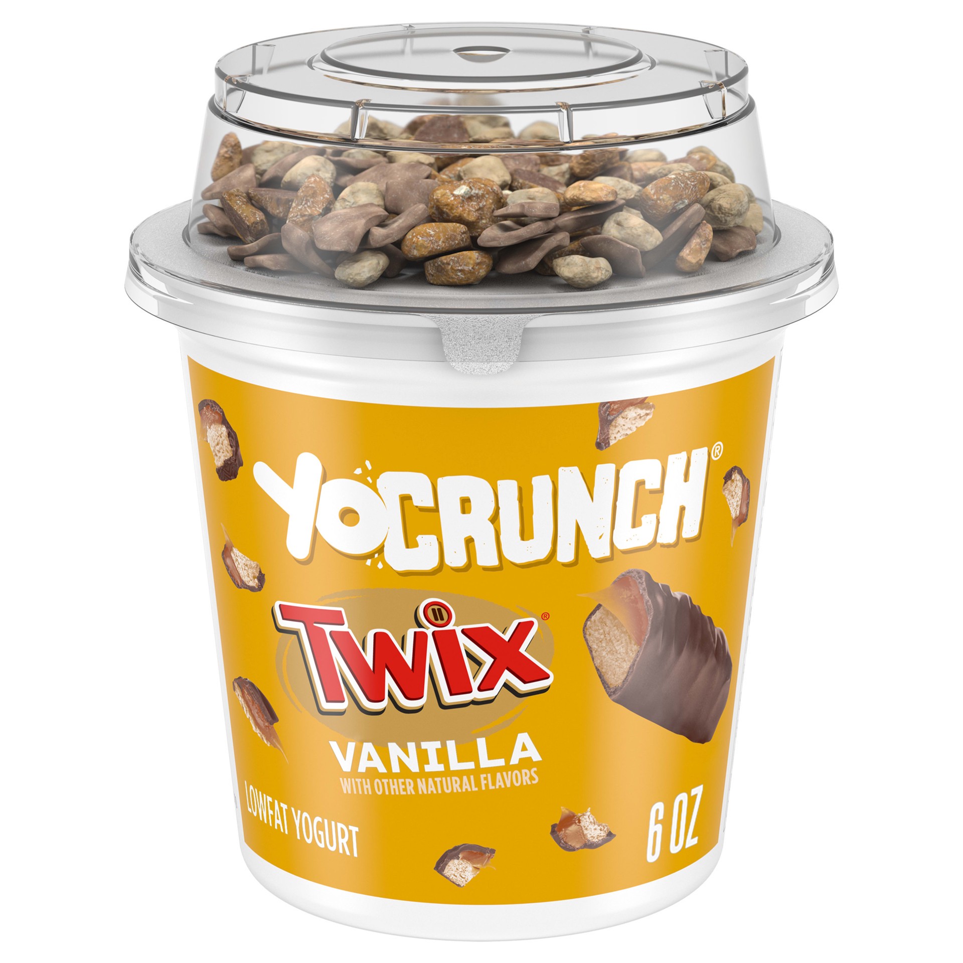 slide 1 of 5, YoCrunch Low Fat Vanilla Yogurt with Twix Candy Pieces, 6 oz., 6 oz