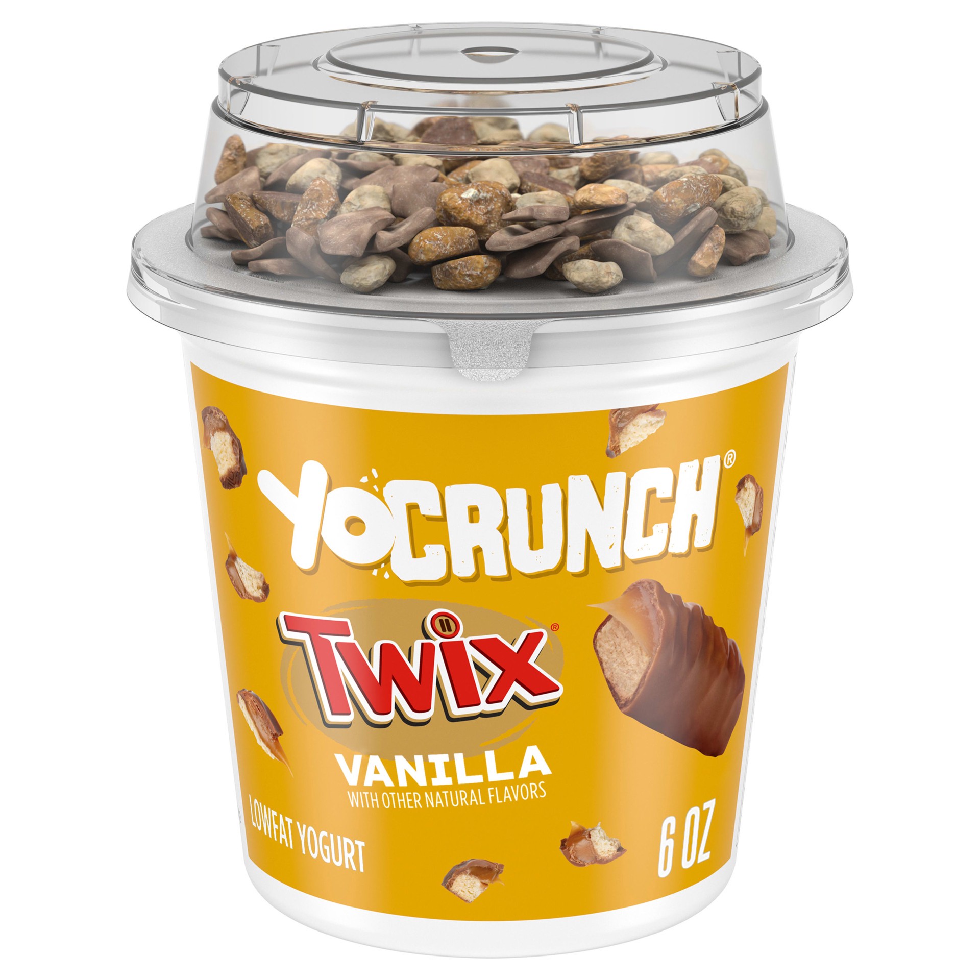 slide 1 of 5, YoCrunch Low Fat Vanilla Yogurt with Twix Candy Pieces, 6 oz., 6 oz