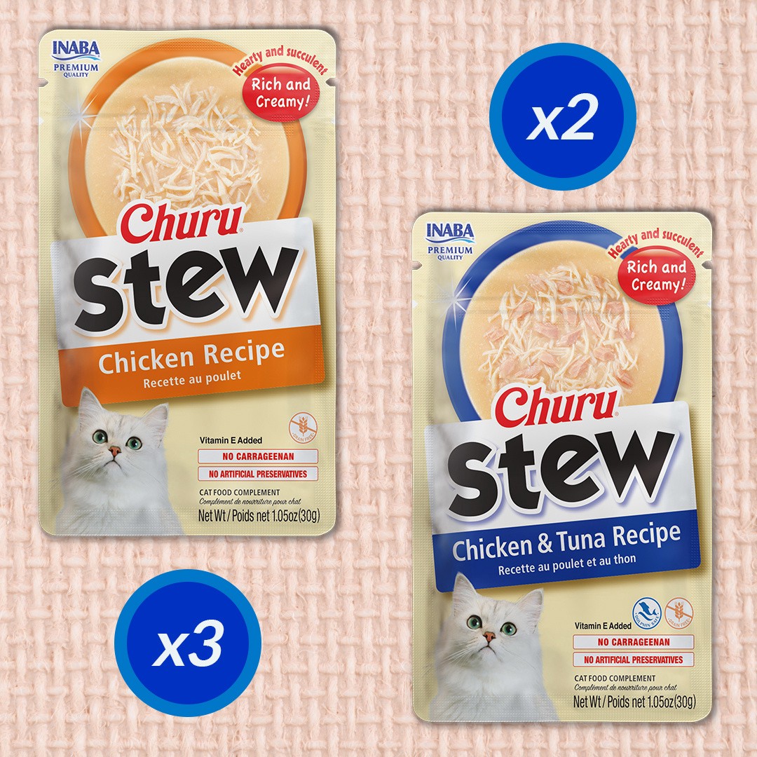 slide 5 of 8, Churu Stew Chicken Recipe/Chicken & Tuna Recipe Cat Food Complement 5 - 1.05 oz Pouches, 5 ct