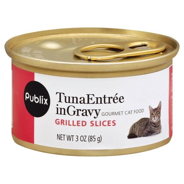 slide 1 of 1, Publix Cat Food, Gourmet, Tuna Entree in Gravy, Grilled Slices, 3 oz