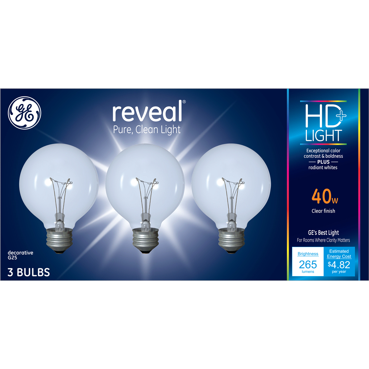 slide 1 of 1, GE Reveal 40 watt Clear Globe Light Bulbs, 3 ct