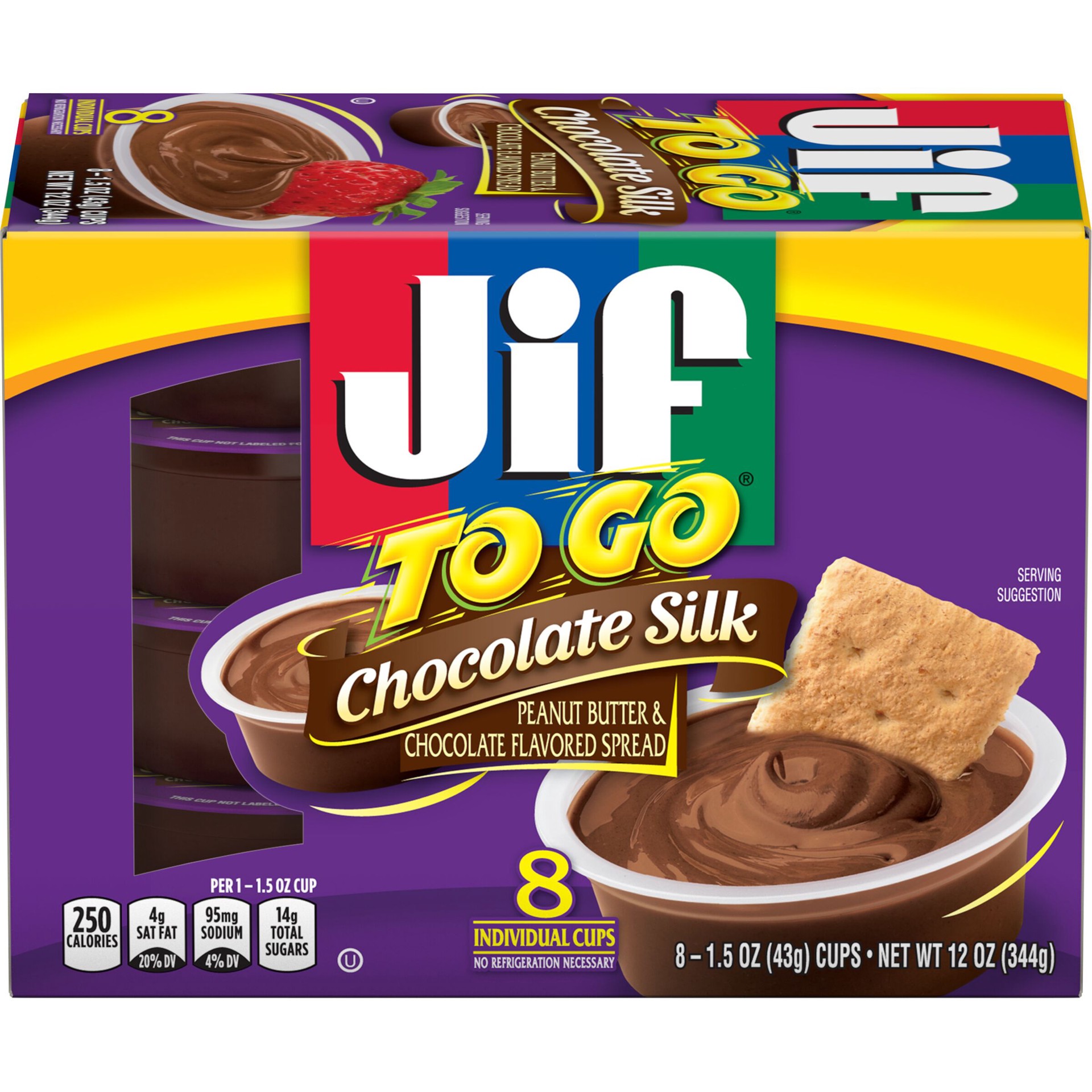 slide 1 of 4, Jif To Go Chocolate Silk Peanut Butter & Chocolate Flavored Spread, 8 Count, 12 oz