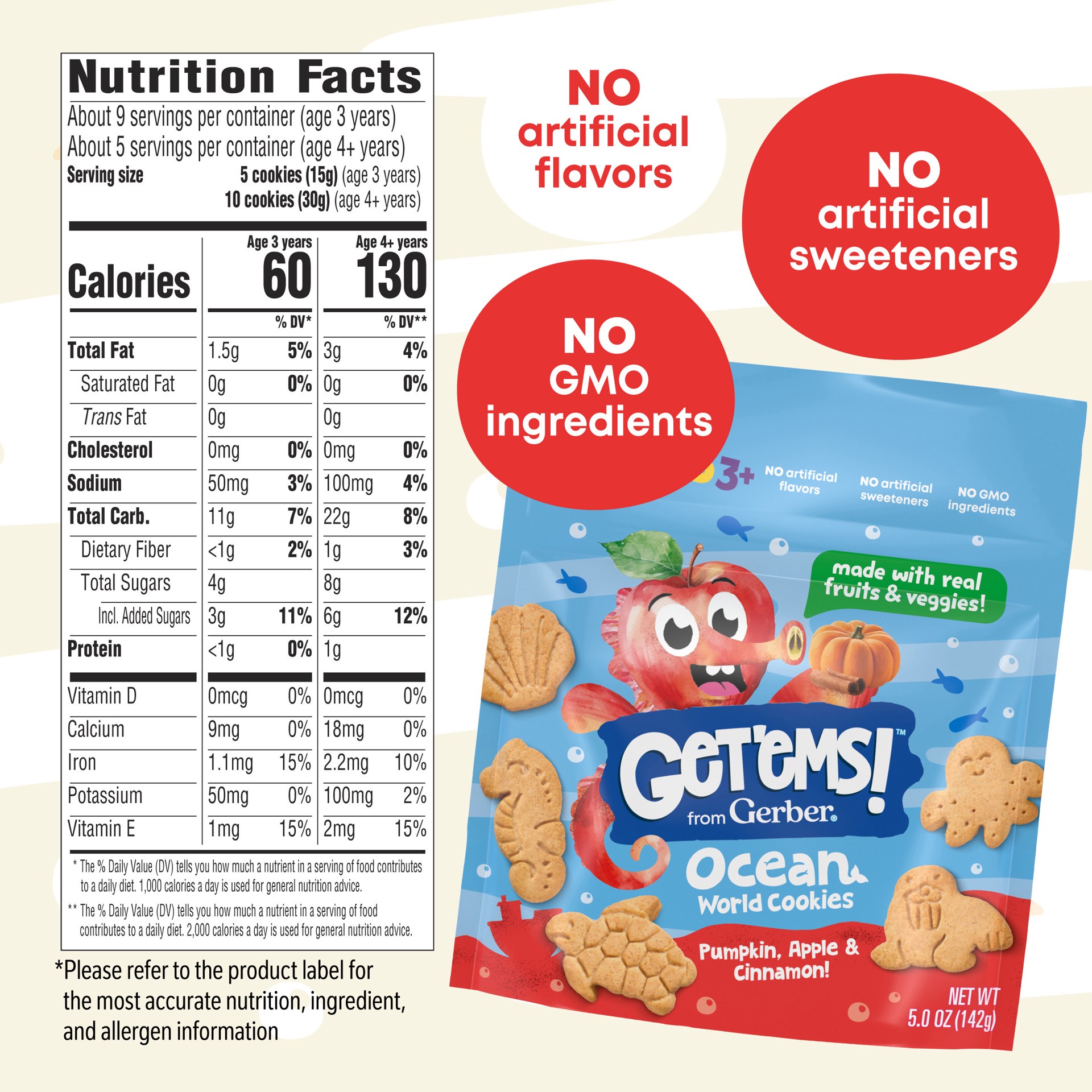 slide 2 of 7, Gerber Get'ems! from Gerber Pumpkin, Apple & Cinnamon Ocean World Cookies, Kids Snack Made with Real Veggies & Fruits, Iron & Vitamin E, 5 oz