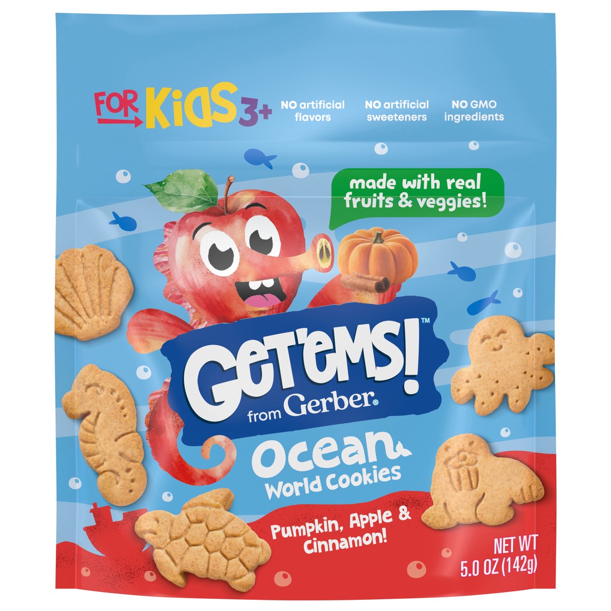 slide 1 of 7, Gerber Get'ems! from Gerber Pumpkin, Apple & Cinnamon Ocean World Cookies, Kids Snack Made with Real Veggies & Fruits, Iron & Vitamin E, 5 oz