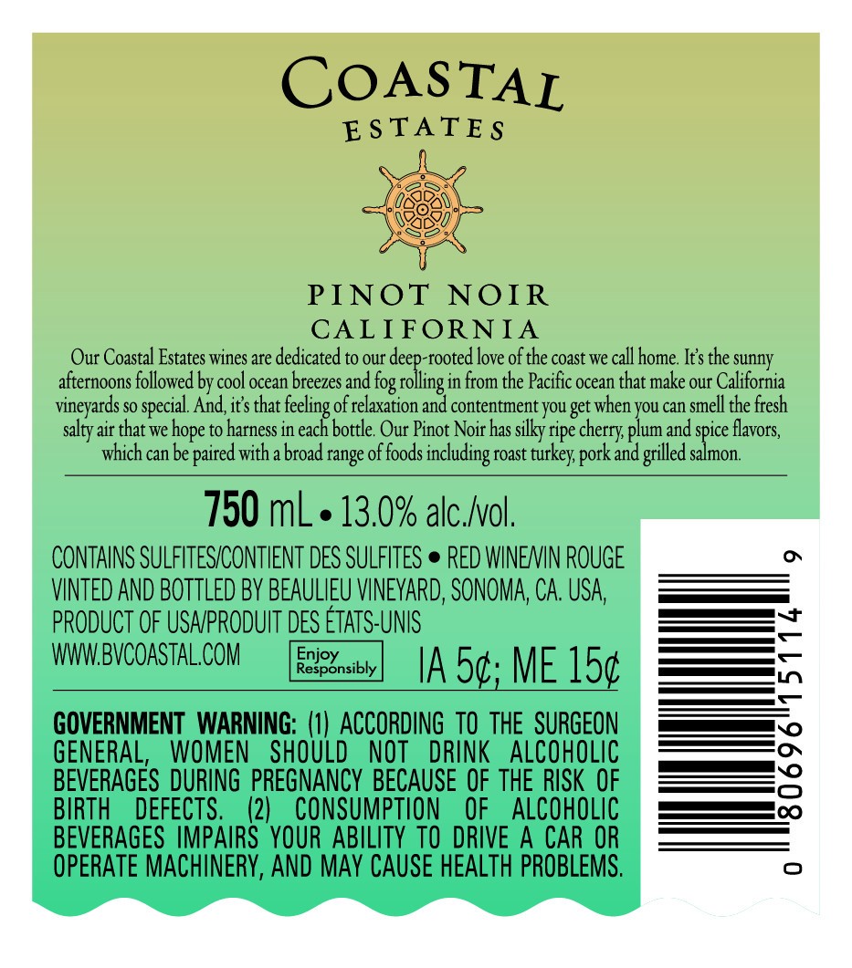 slide 3 of 4, Coastal Estates Pinot Noir, Red Wine, California 2017, 1 ct, 750ml Bottle, 750 ml