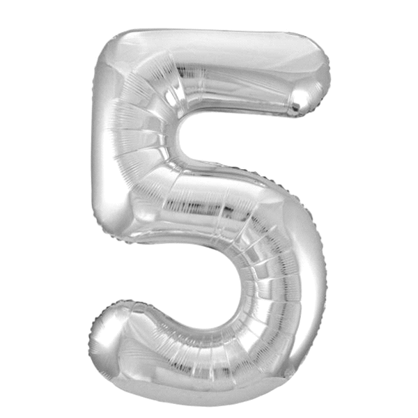 slide 1 of 1, Unique Industries 34" Foil Silver Number 5 Balloon, 34 in