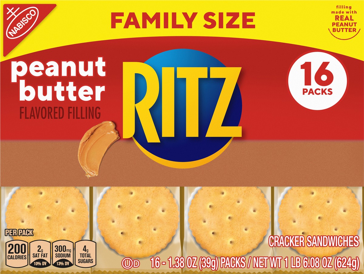 slide 13 of 13, RITZ Peanut Butter Sandwich Crackers, Family Size, 16 - 1.38 oz Snack Packs, 22.08 oz