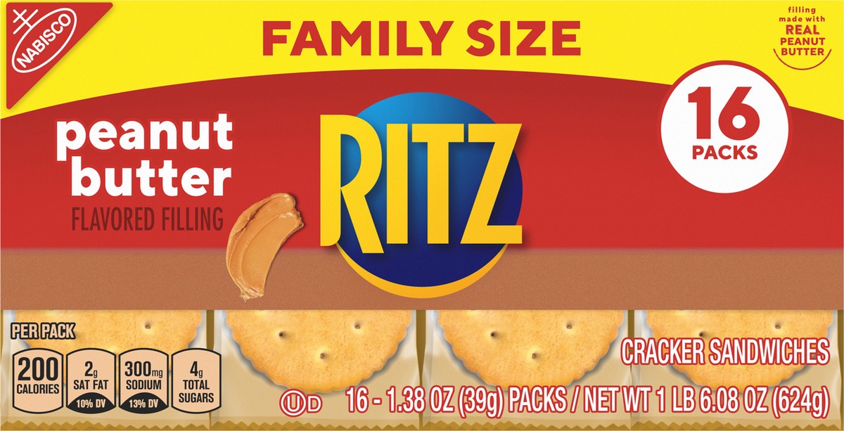 slide 5 of 13, RITZ Peanut Butter Sandwich Crackers, Family Size, 16 - 1.38 oz Snack Packs, 22.08 oz